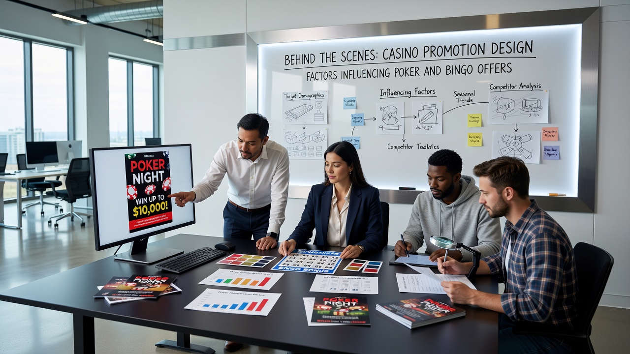 Close-up of bingo cards and poker chips arranged on a digital design board during promotion planning